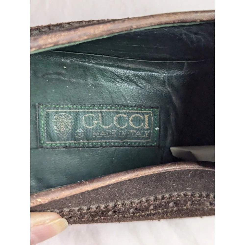 GUCCI VINTAGE brown suede leather mens 42 1/2 Italy Italian tassle loafers shoes